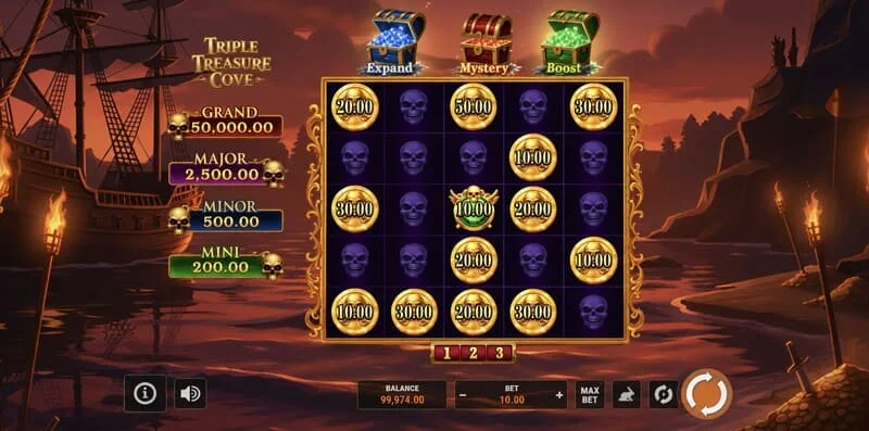 Triple Treasure Cove – huvudskärm med hjul och piratvik